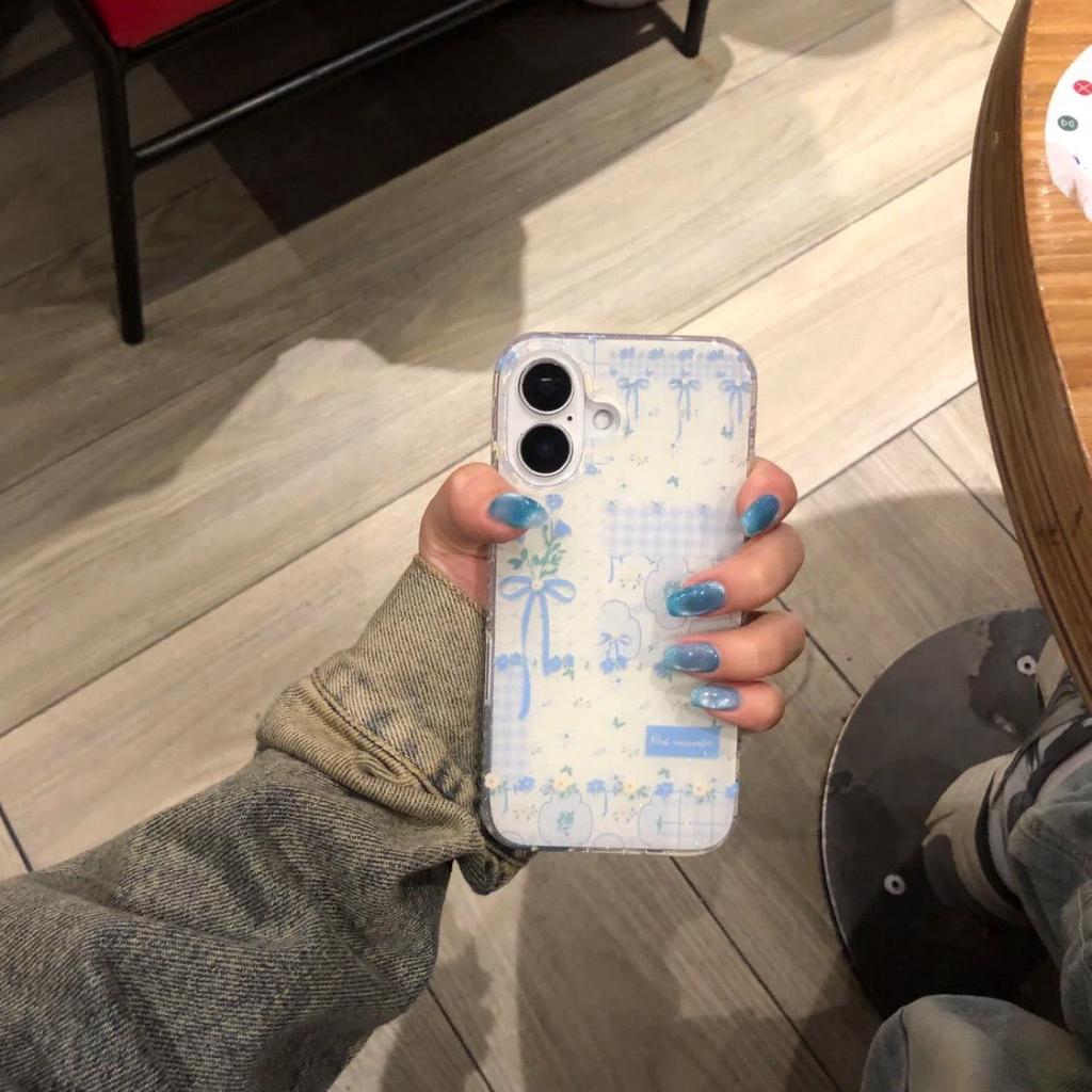Spring Pastoral Blue Plaid Floral French-Style Phone Case for 16 Pro Max, 15 Pro, 14 - Double Layer Protection