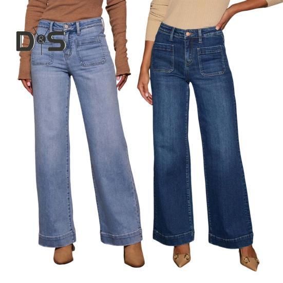 Damskie jeansy proste z wieloma kieszeniami, z wysokim stanem, zapinane na guzik i zamek błyskawiczny, spodnie w jednolitym kolorze, w stylu vintage, dżinsowe spodnie do noszenia na co dzień, do szkoły, do pracy