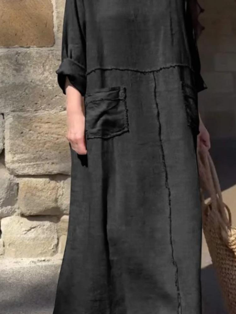 

Летнее женское однотонное платье с круглым вырезом, из хлопка и льна, с длинными рукавами, повседневное, плиссированное, с двусторонними карманами 3XL чёрный