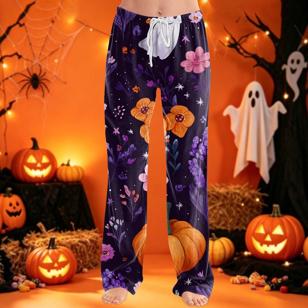 Women's Pants with Drawstring and Halloween Print for Casual Sleepwear
