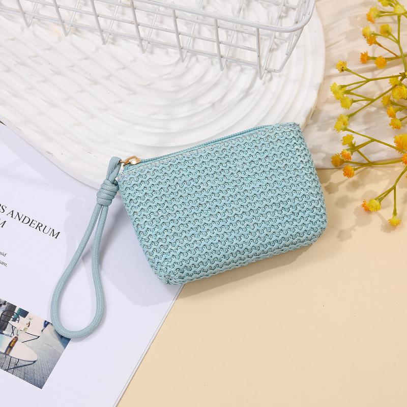 Girls Women Straw Mini Wallet Zipper Coin Purse Durable Card Holder for Travel Daily one size синий