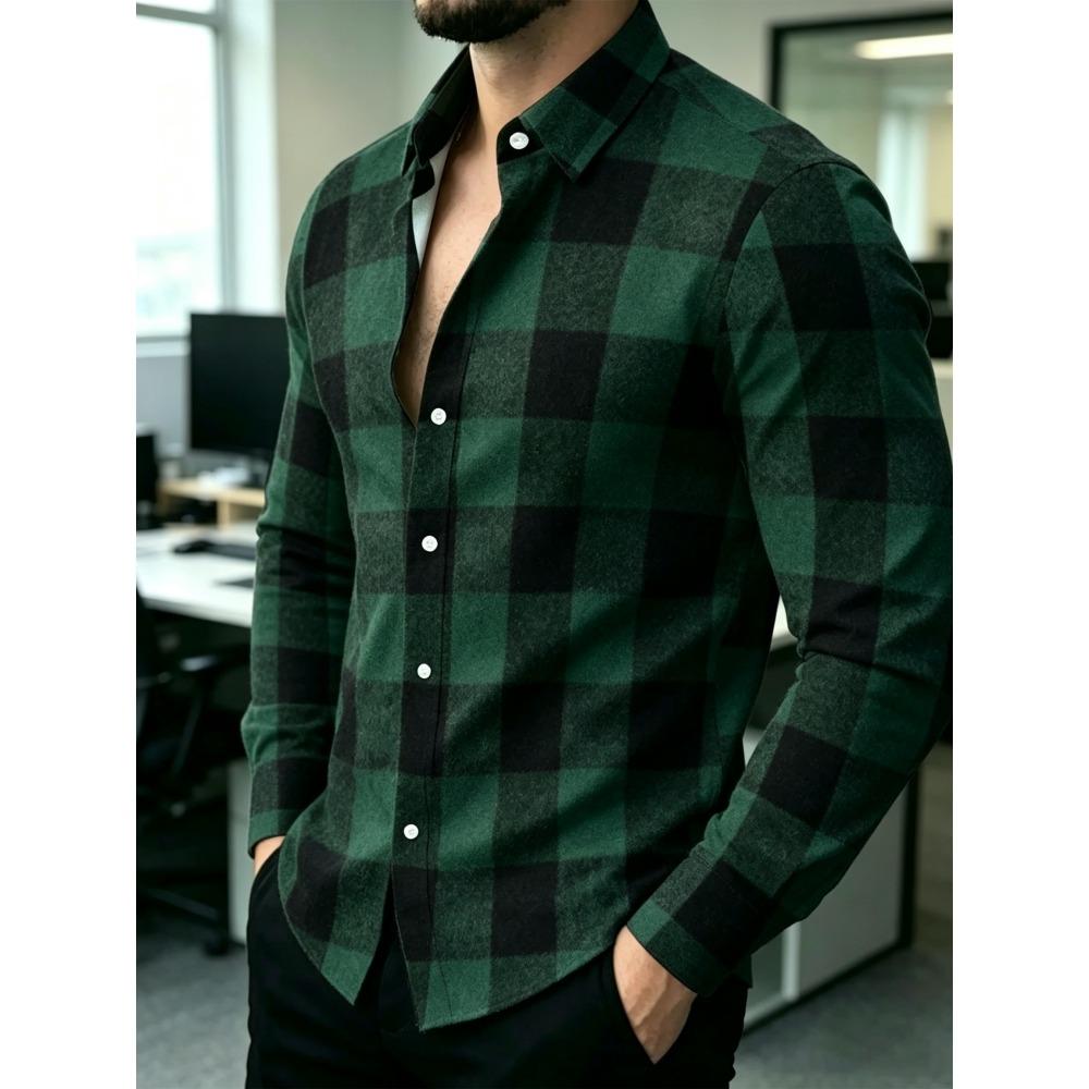 Men's Orange Blue Large Plaid Long Sleeve Collar Shirt Retro Plaid Casual Business Slimming Plaid Shirt