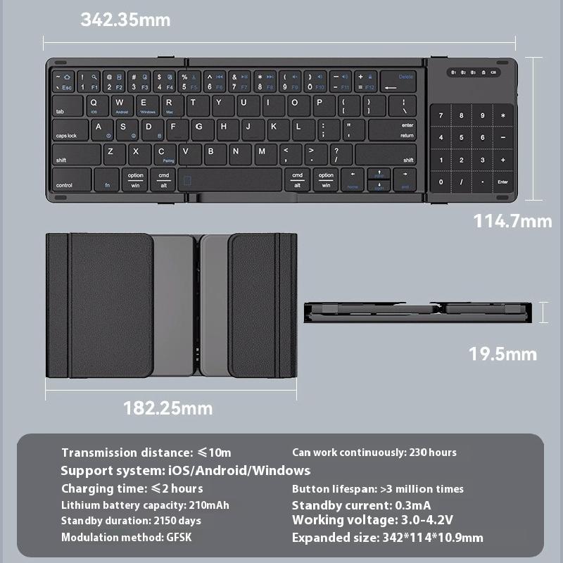 Tri-fold Keyboard Wireless Bluetooth Foldable Small Keyboard Suitable for Desktop Computers and Notebooks