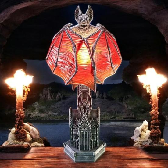 Bat Wings Lamp Gothic Wings of Night Halloween Lamp Vintage Bat Table Lamp with Red Glow Cathedral Base Night Light for Spooky Horror Room Witchy