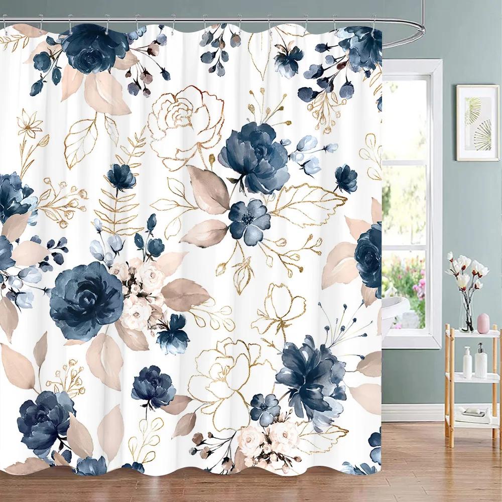Botanical Flower Shower Curtain Tropical Leaves Fresh Flowers Polyester Fabric Washable Shower Curtain Bathroom Decor With Hooks