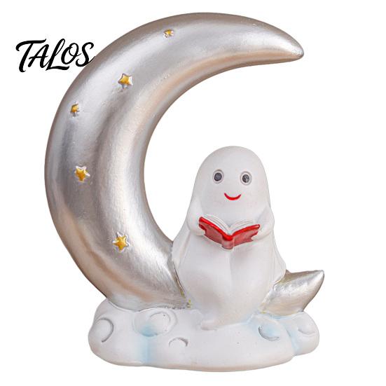 Halloween Ghost Night Light Resin Figurines with LED Lights, Cute Reading Moom & Crescent Small for Desk Light, Tombstone Skeleton Statue, Spooky Home