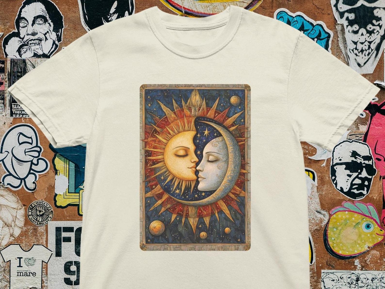 Sun and Moon Kiss Graphic Tee: Celestial Lovers Art Shirt M