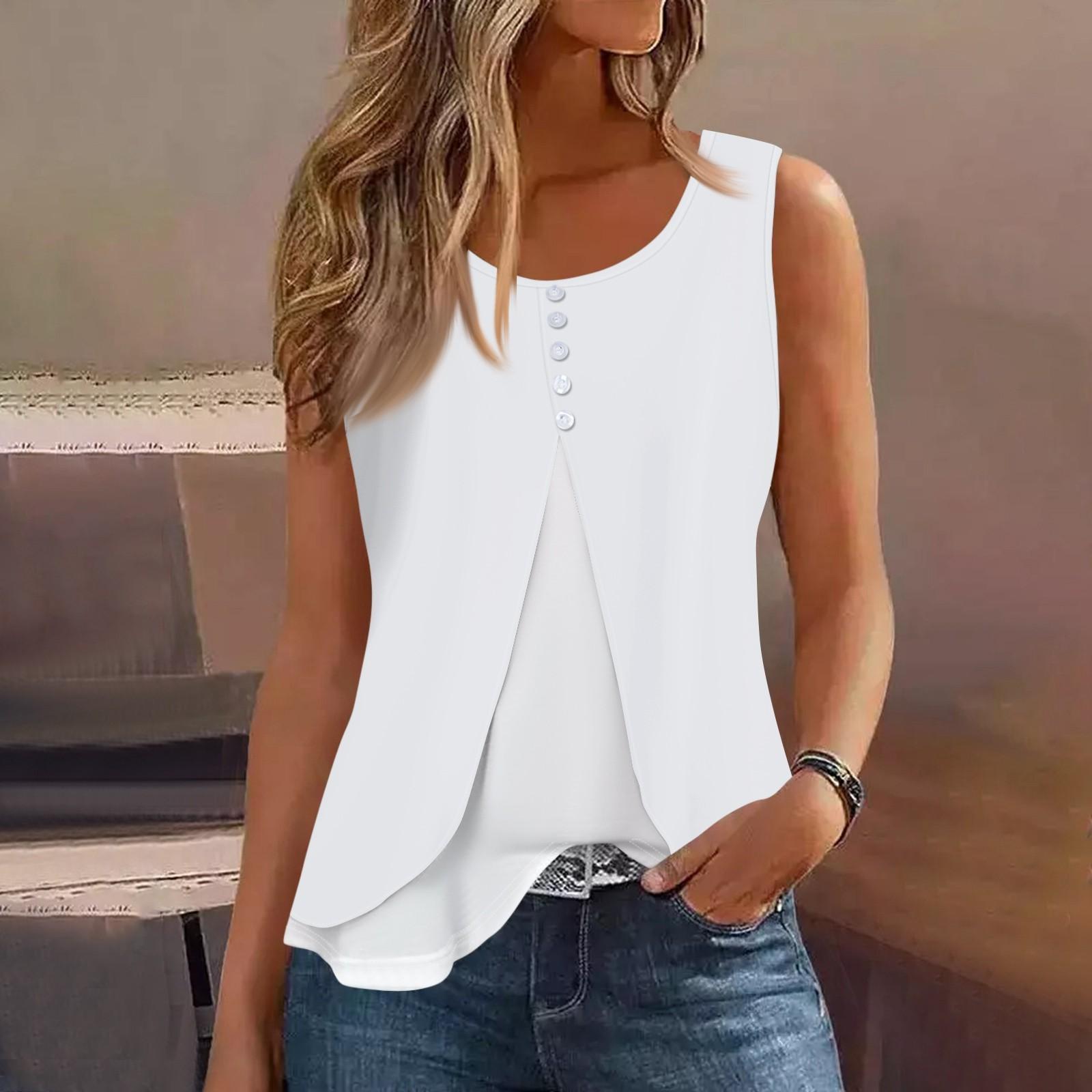 

Женская майка, повседневная модная блузка без рукавов с пуговицами и круглым вырезом, подходит для лета XXXL