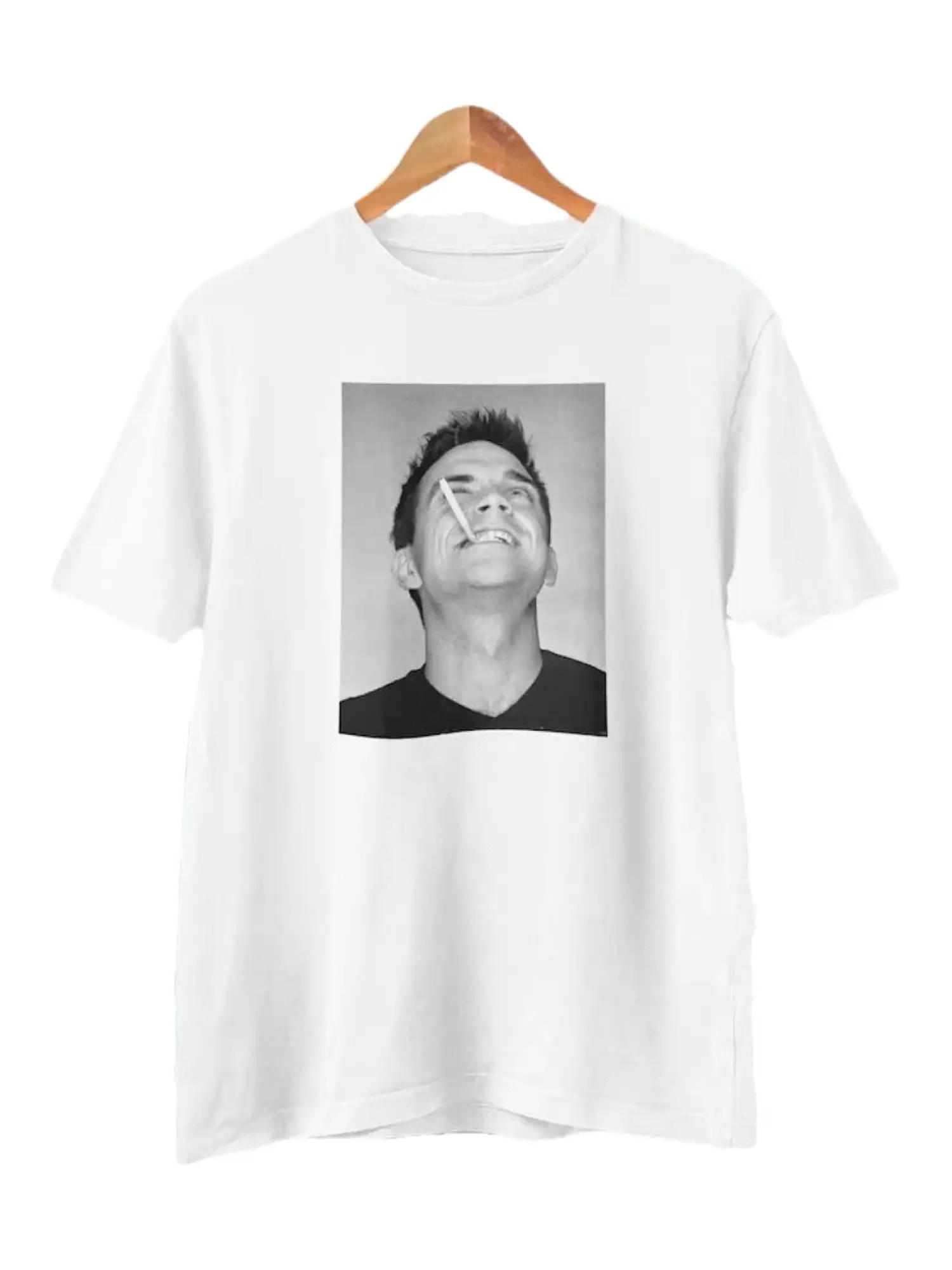 Unisexs White Retro Smoking Smiley Face Print TShirt Minimalist Black and White Photo Design Short Sleeve Crew Neck Casual Shirt S