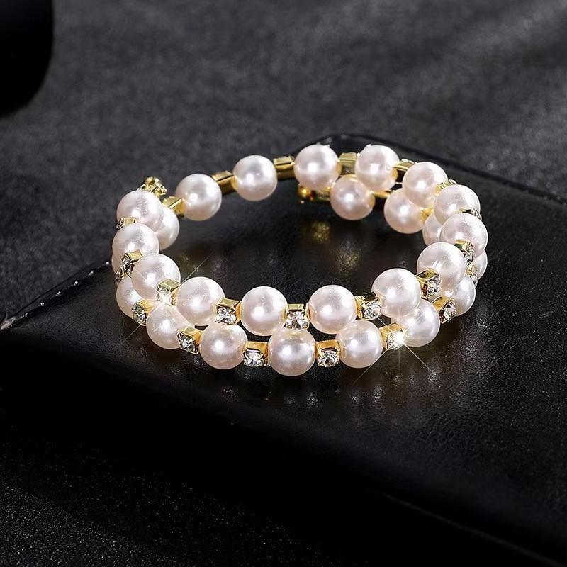 Multi-layer Pearl & Rhinestone Elastic Bracelet - Bridal Open Wrap Design