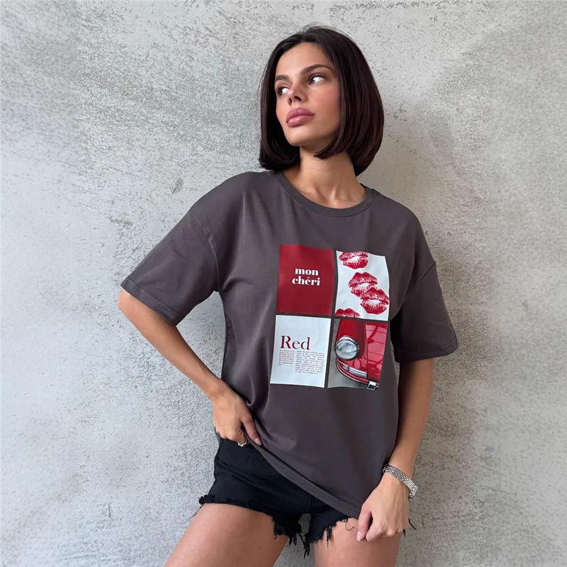 Women's Summer Casual Lazy Design Short Sleeve Letter Print T-Shirt