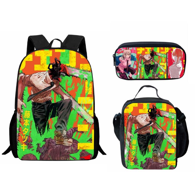 Printed Day Man Two-Dimensional Chainsaw Man Student Schoolbag Three-Piece Cartoon Backpack Lunch Bag
