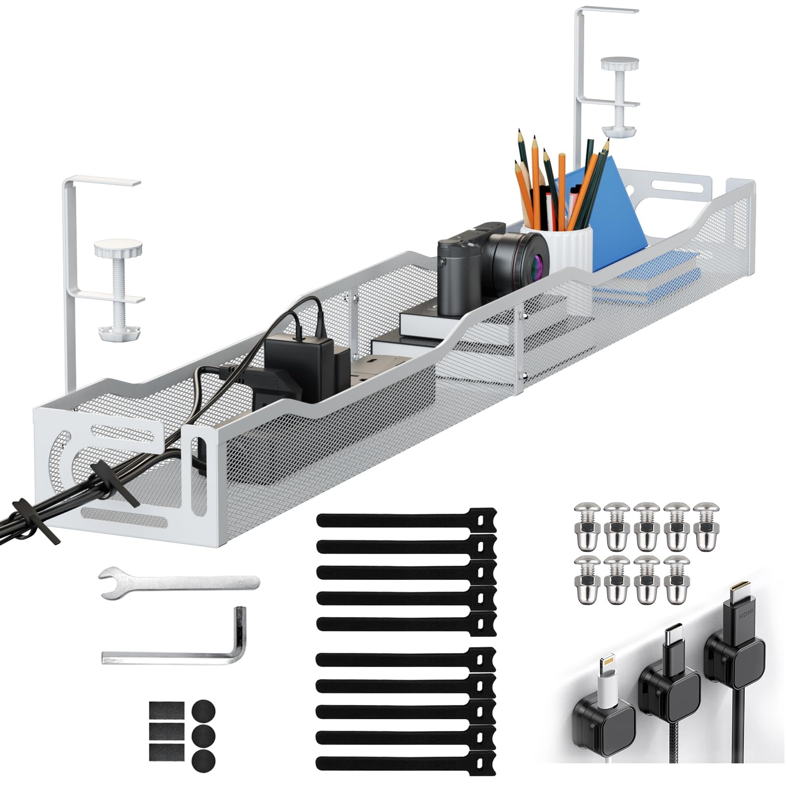 

Mozawa Cable Management Tray for Desks, 64cm Wide, Cord Organizer, No Drilling or Tools Required, Easy Installation, Under-Desk Storage, Steel, Includ