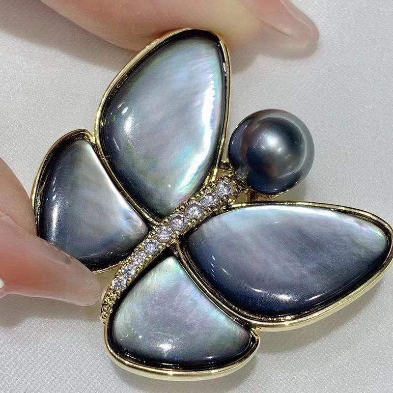 Natürliche Schwarze Muschel Schmetterlingsbrosche mit Perle - DIY Damen Niedliche Anstecknadel