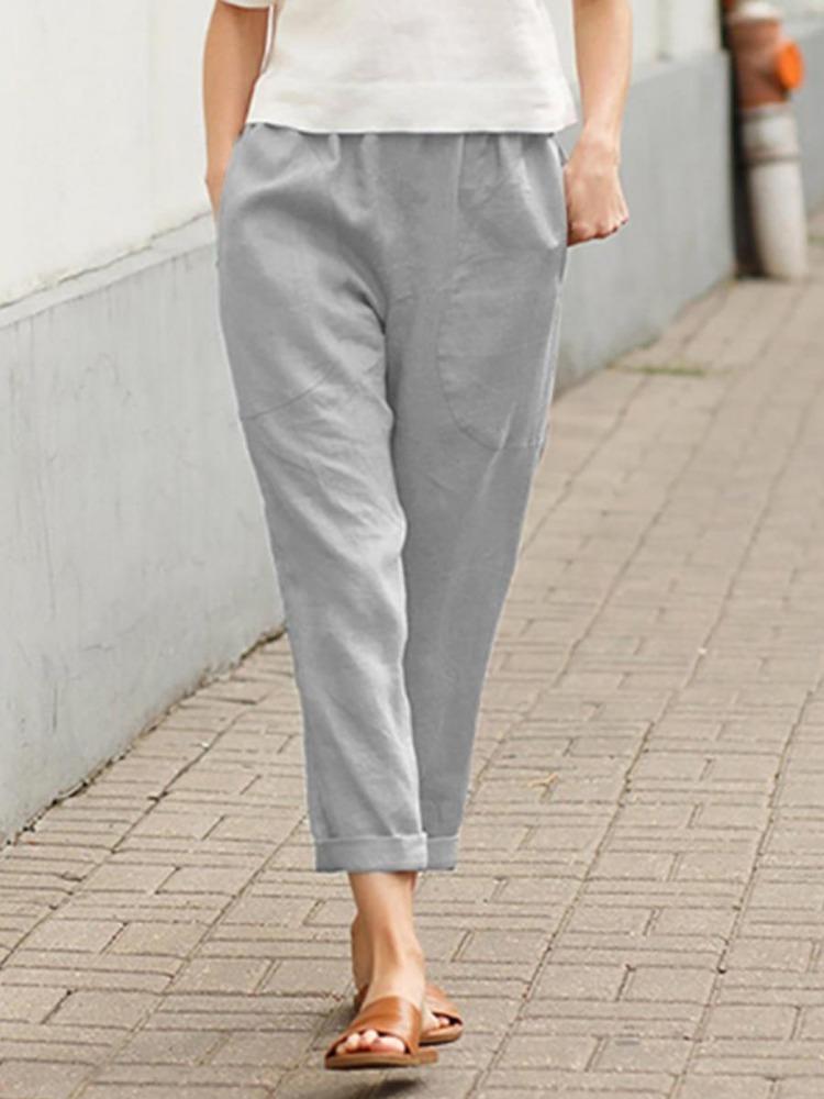 Women Summer Loose Long Pants Comfortable Cotton Linen Trousers Ladies Solid Color Double Pocket Casual Wear