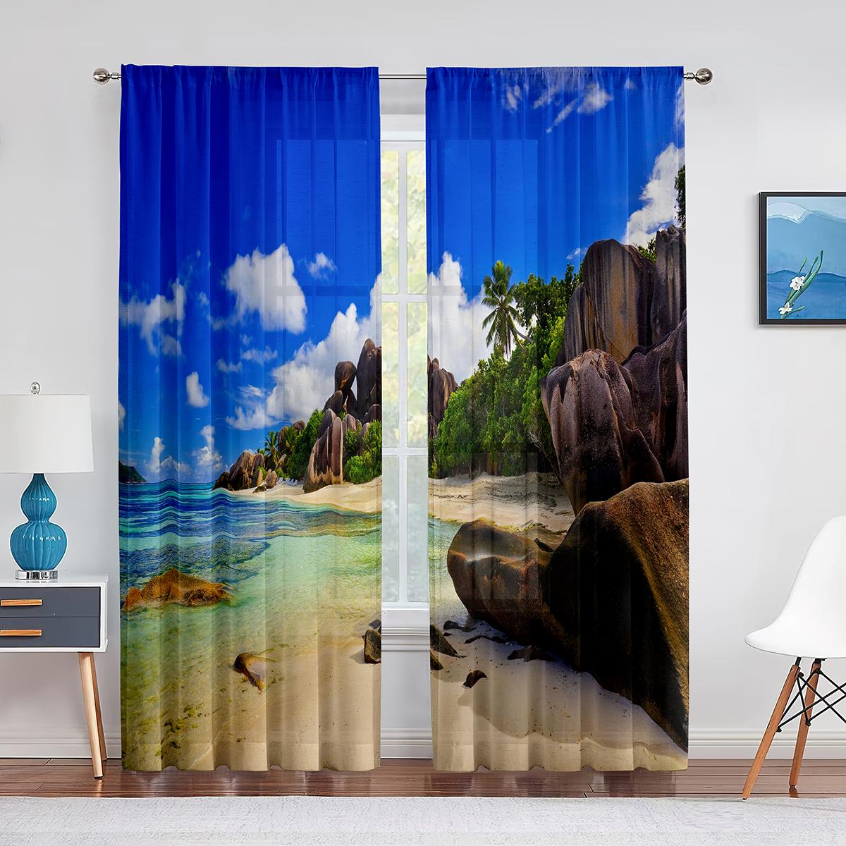 

Океан, тропический остров, живописная прозрачная вуаль, занавеска для пляжа, пальмы, окна, тюлевые шторы, украшение для спальни, гостиной 1 PCS W100XH250cm&Grommet Top
