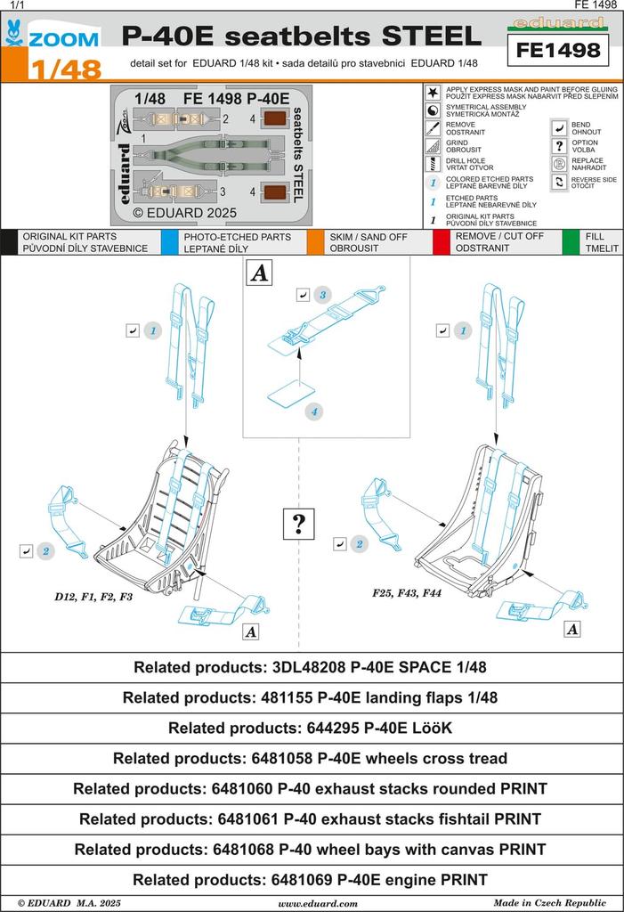 eduard Zoom Series Seatbelt Stainless Steel Plastic Model Parts EDUFE1498 1/48 P-40E (for Eduard) (Airplane)