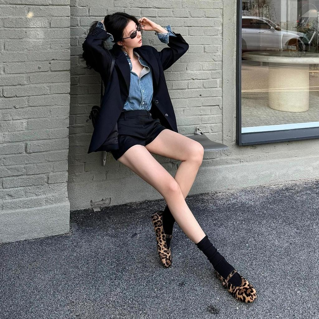 Sheepskin~ Genuine Leather One-word Buckle with Mary Jane Shoes Women's Soft-soled Ballet Flats Light Mouth Versatile Leopard Print Single Shoes
