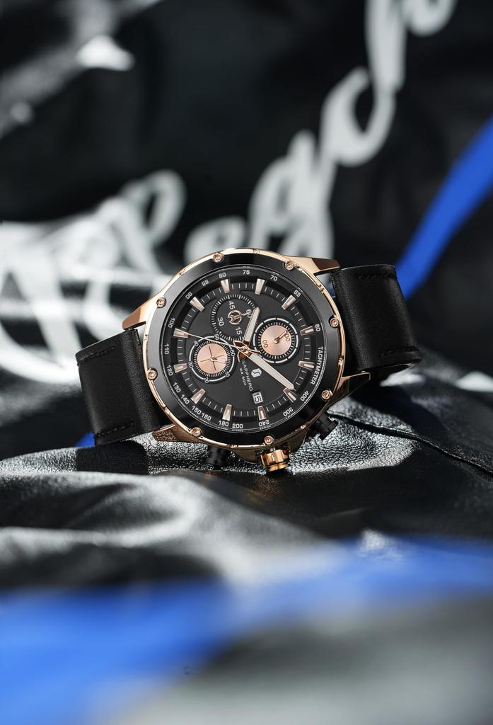 SAPPHERO Analog Quartz 50m Water Luminous Date Artificial Leather Mineral Suitable for Business and Outdoor Black Black Dial Men's Watch, Resistant,