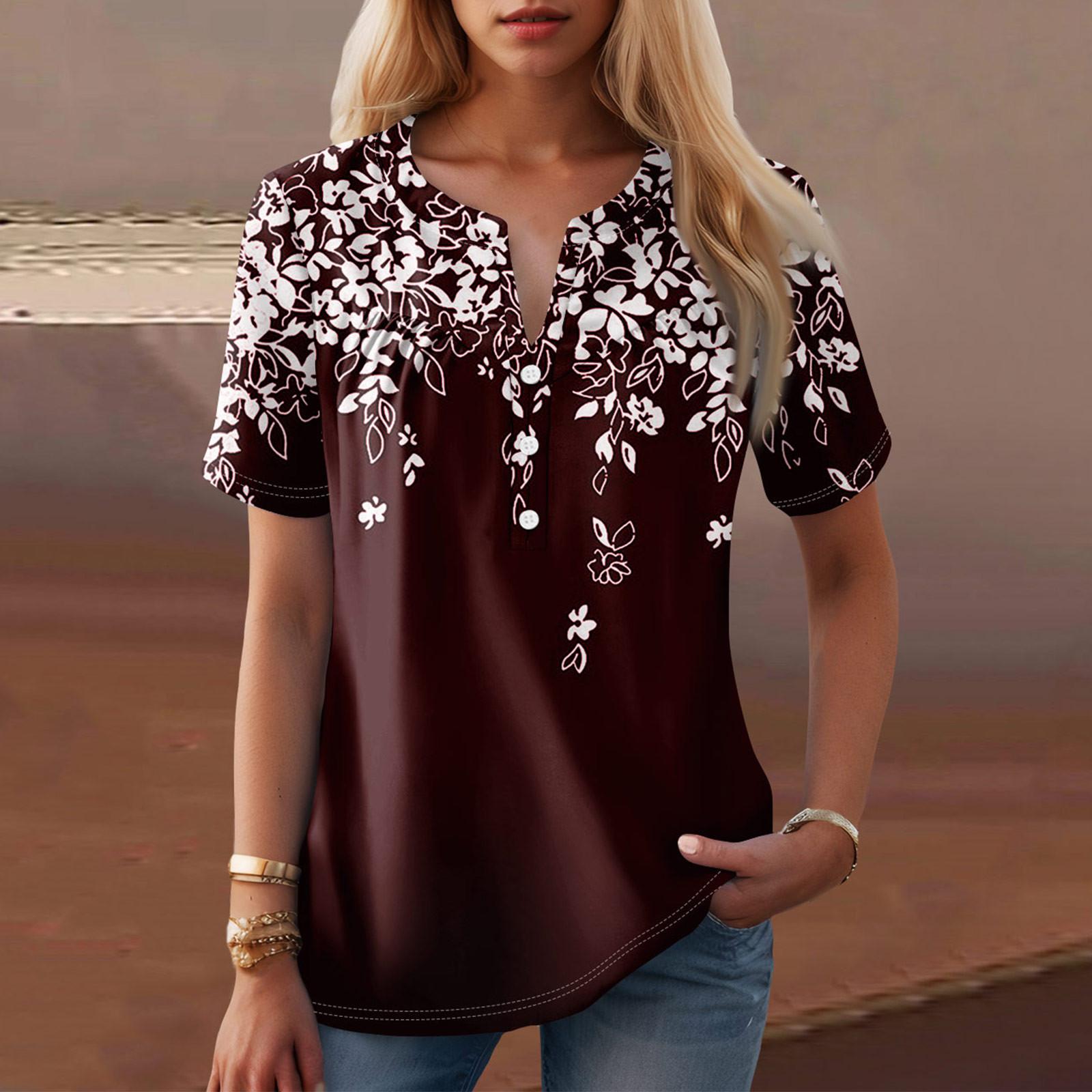 

Женская повседневная футболка с v-образным вырезом и коротким рукавом с цветочным принтом и декоративными пуговицами, топ L