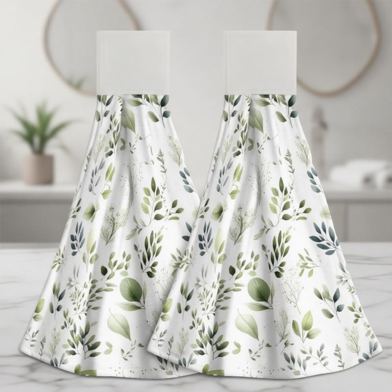 2Pcs Space Saving Hanging Hand Towels Quick Dry Absorbent Leaf Pattern Kitchen Tie Towel Dish Cloth with Hanging Loop