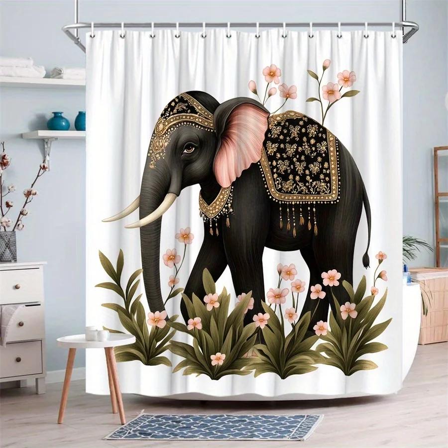 1pc Elegant Elephant Shower Curtain - Black & Golden Embroidered Design with Pink Flowers & Green Foliage, 70.86x70.86in, 12 Hoo W90xH180cm
