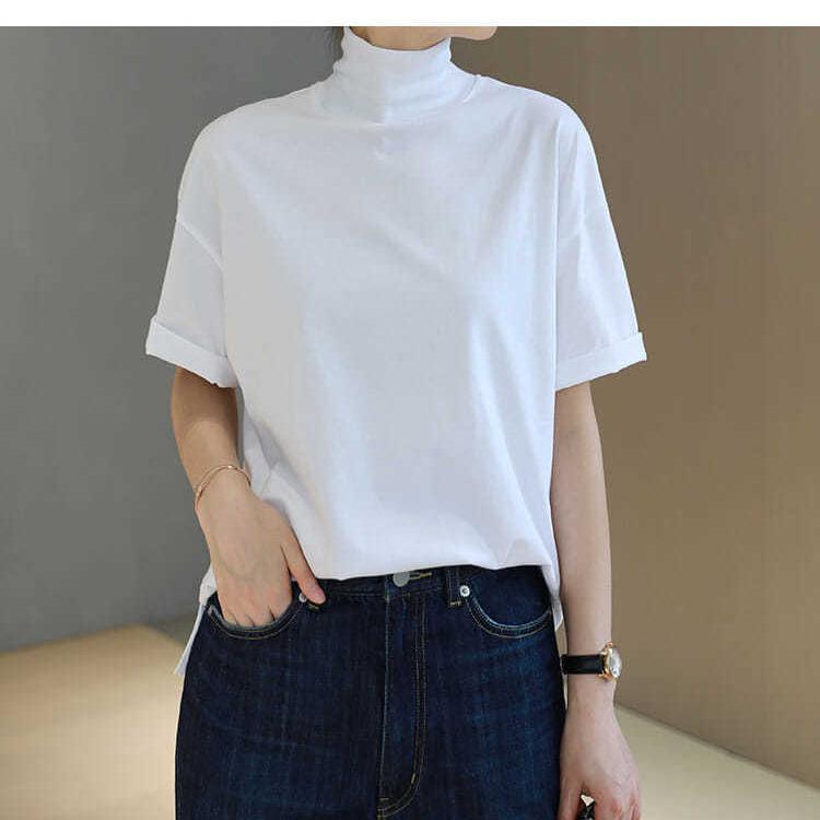 Women's Turtleneck Short Sleeve Tee Loose Fit Casual Basic Top Solid Color Summer Daily Wear