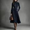 Elegante Vintage Suède Stof Lange Mouwen A-lijn Jurk Met Rits En Riem