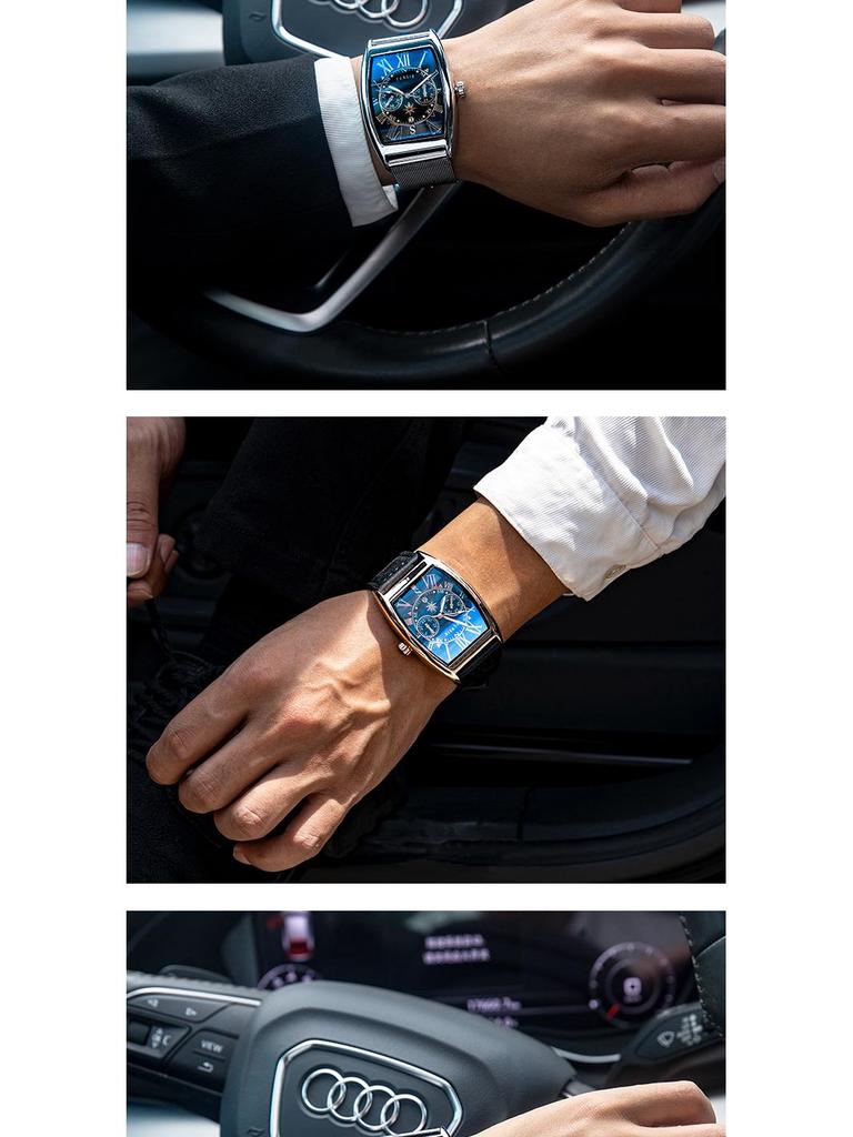 Finish Big Barrel Men's Watch: European & American Style, Leather Strap, Waterproof, Calendar, Casual Office Wear.