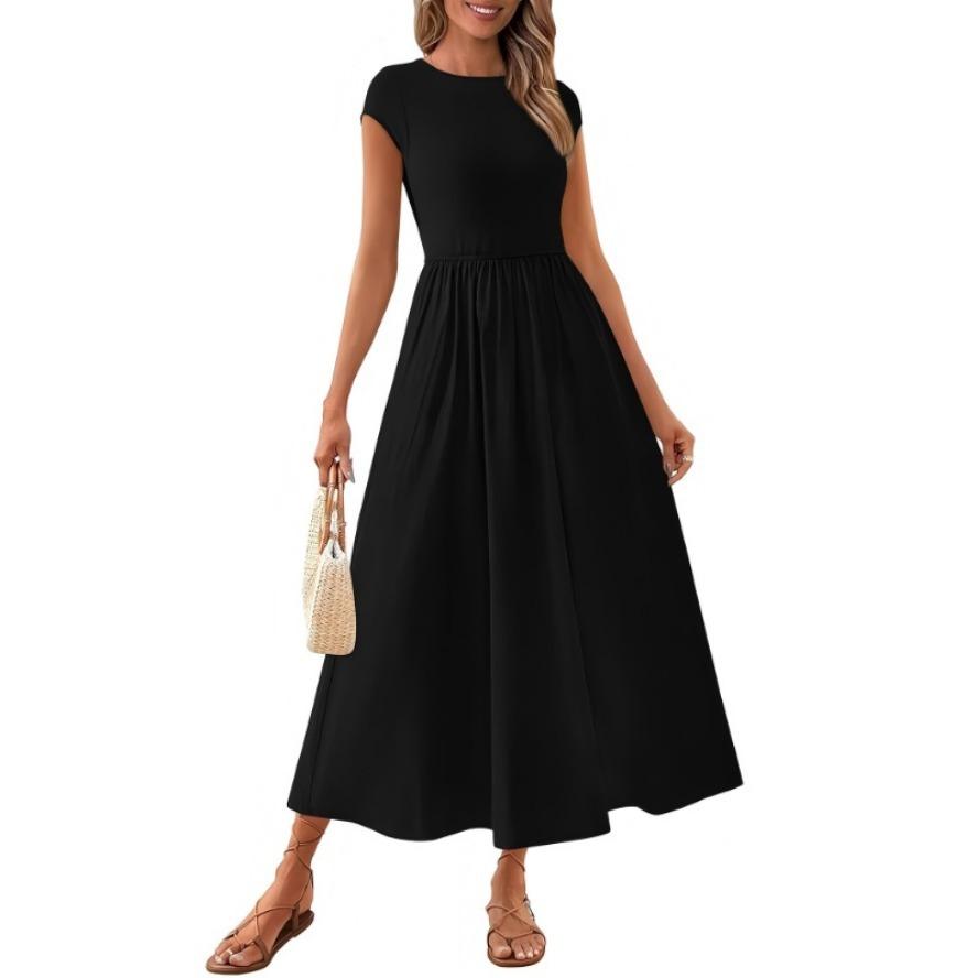 YYFS Dámská móda Léto Jaro Jednobarevný potisk Neformální šaty s krátkým rukávem do O-výstřihu a vysokým pasem