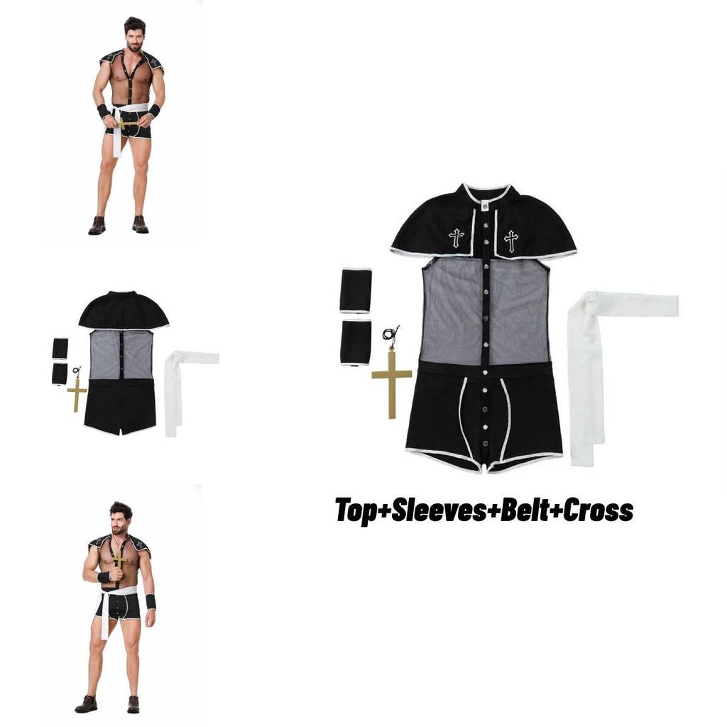 2023 New European And American Men's Adult Nightclub Sexy Mesh Bodysuit Priest Roleplay Costume