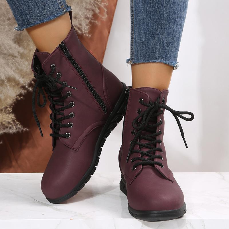 European American Leather Boots 2024 Spring Autumn New Collection Solid Color Large Size Simple Slope Heel Sports Women's Boots