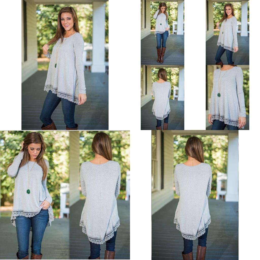 Long Sleeve T Shirt For Women With Lace Splicing In Polyester Fabric For Casual Streetwear