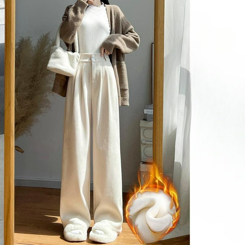 Plus Velvet Chenille Wide-leg Pants Women's Autumn and Winter High-waist Drape Straight Narrow Version of The Small Suit Pants