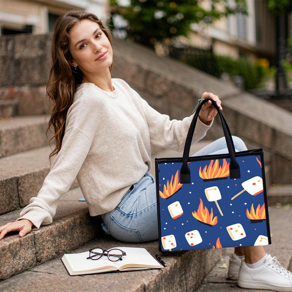 Cute Camping Print Canvas Tote Bag Large Capacity Portable Daily Handbag for Outdoor Shopping Travel Use