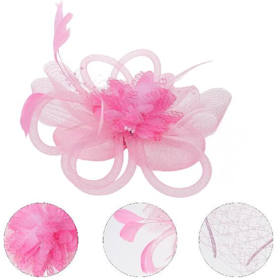 TEHAUX Fascinator Headband with Mesh Flower and Plume, Pink Cocktail Tea Party Hat for Women, Wedding Special Occasion Accessory
