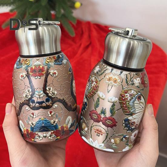 Vakuová termoska s motivem páva, nerezová, vintage květinová, 300 ml, dvoustěnná izolace, skleněná čajová konvice s víčkem proti úniku