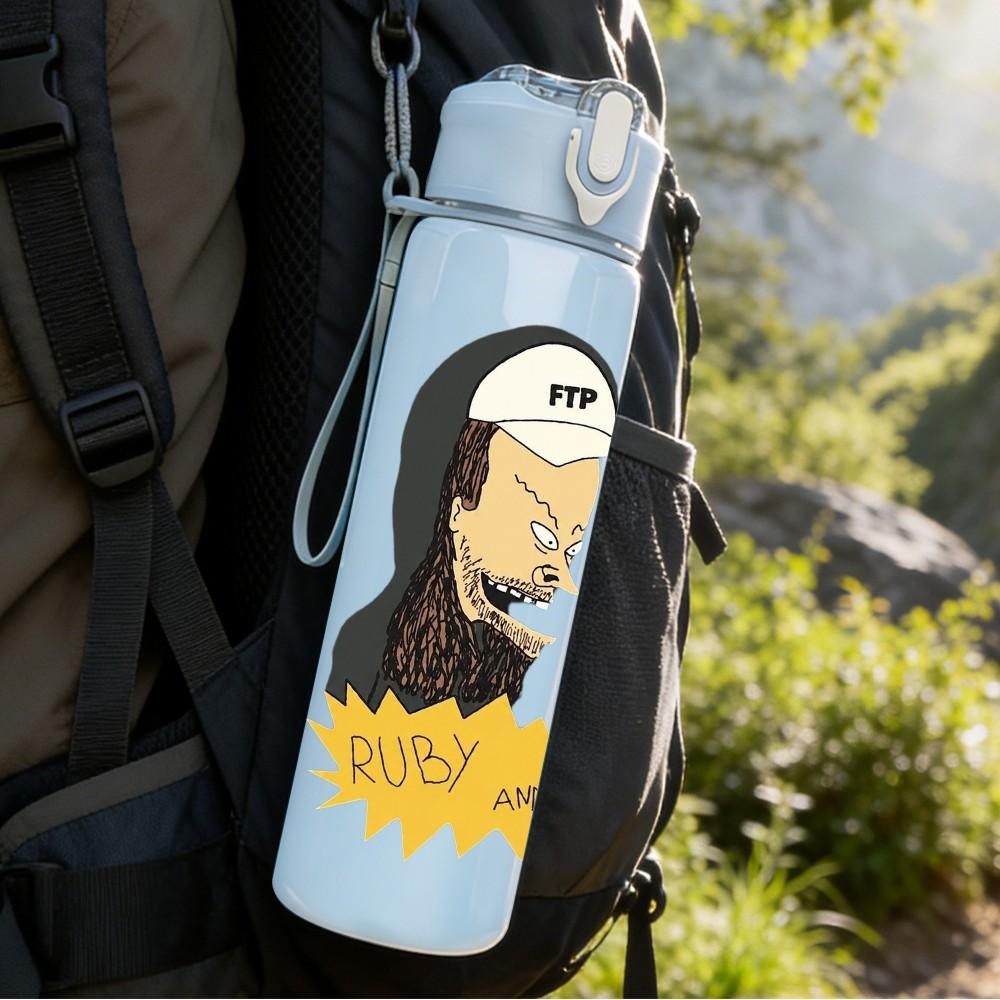 1PC Two Cartoon Men 750ml Sports Water Bottle Leakproof Straw Lid Outdoor Office Home