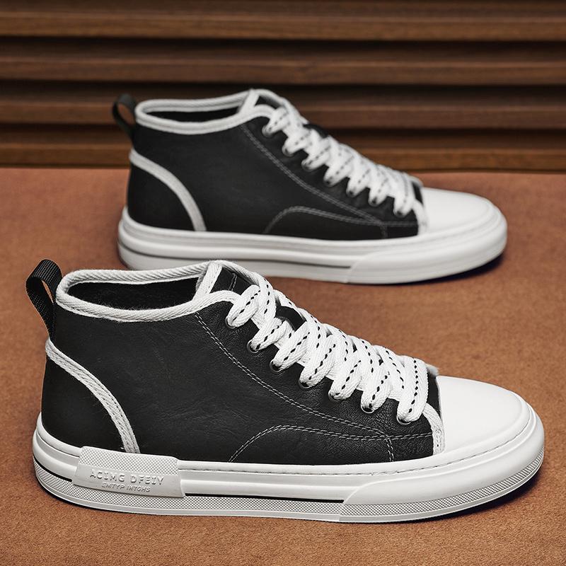 Fashion High Quality Men Casual Leather Shoes Outdoor Flat Designer Sports Shoes High Top Soft Bottom Shoes Brand Comfy Office Work Shoe