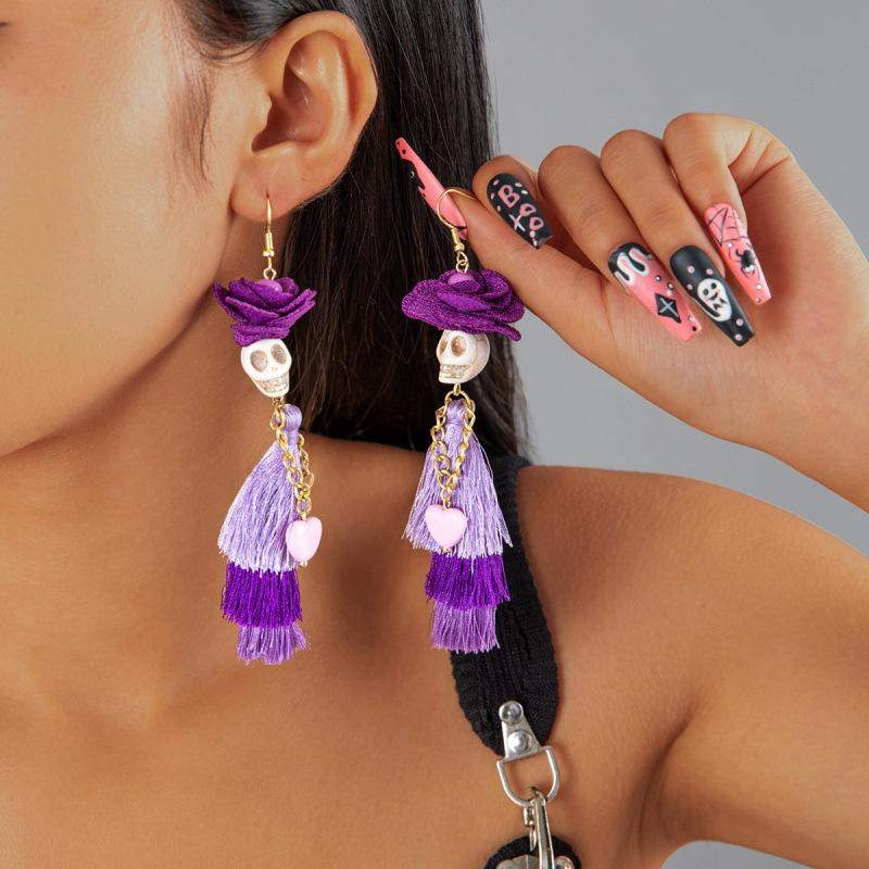 Halloween, Divertenti Divertenti Orecchini con Tassel Teschio Perline di Riso Creativi Orecchini a Rosa