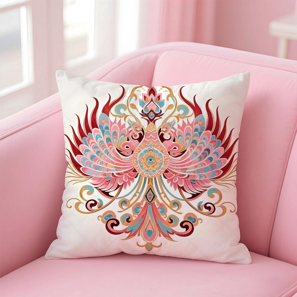 Chinese Phoenix Pattern Cushion Cover Linen Pillowcase Cover Soft Decor for Sofa Home Room