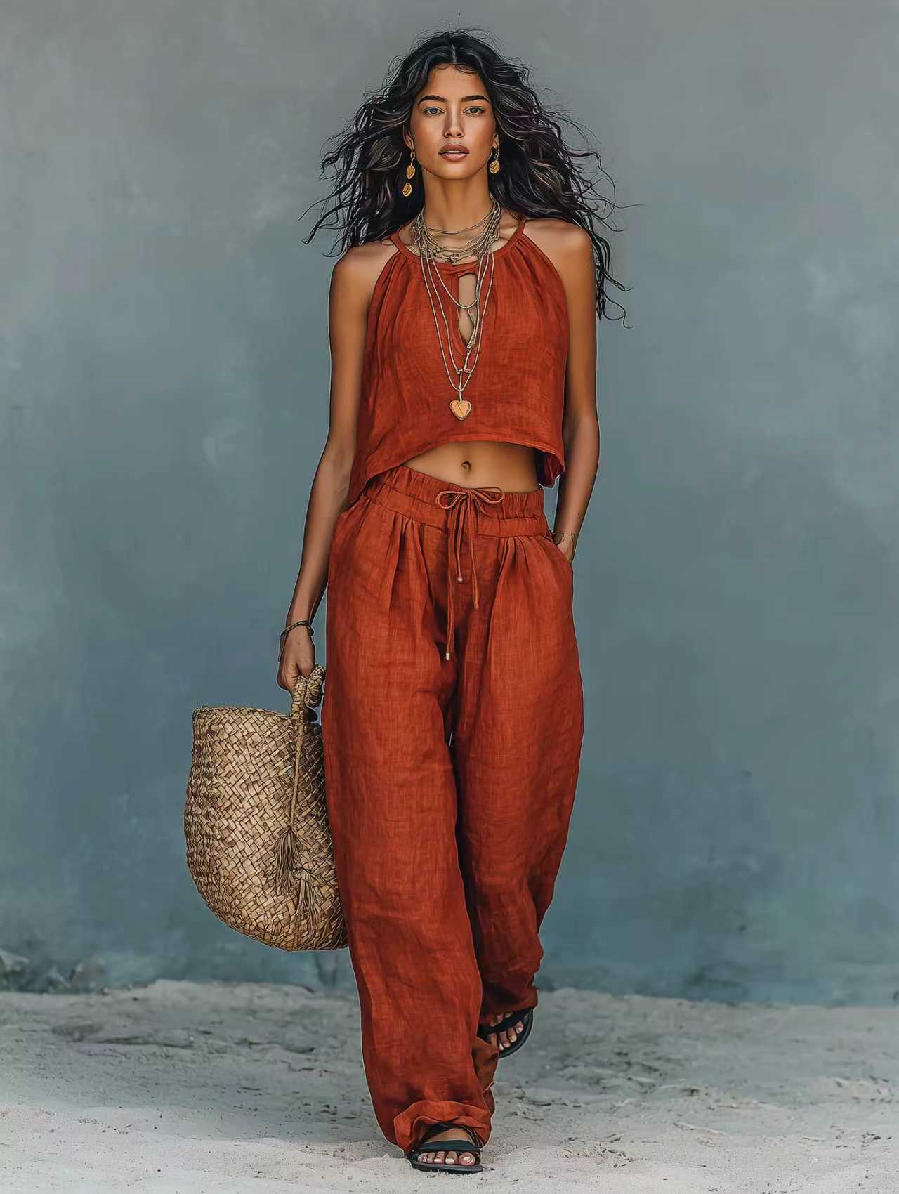 2026 cross-border European and American women s clothing summer new fashion Pomisian style casual two-piece set S бордовый