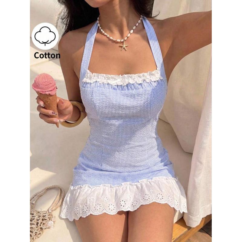 Blue striped contrasting lace splicing bow decoration neck strap backless dress women XS синий