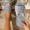 Dames Gezellige Gestreepte Corduroy Open Teen Huispantoffels - Verstelbare Klittenbandsluiting, Zacht Pluche Antislip Binnenschoenen