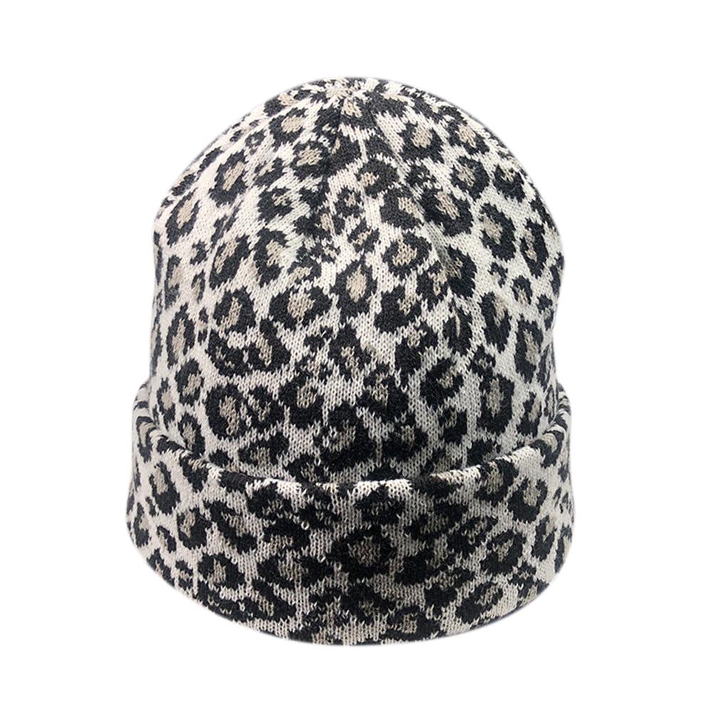 Women Leopard Print Woolen Knitted Cap Retro Autumn Winter Warm Cap Hat