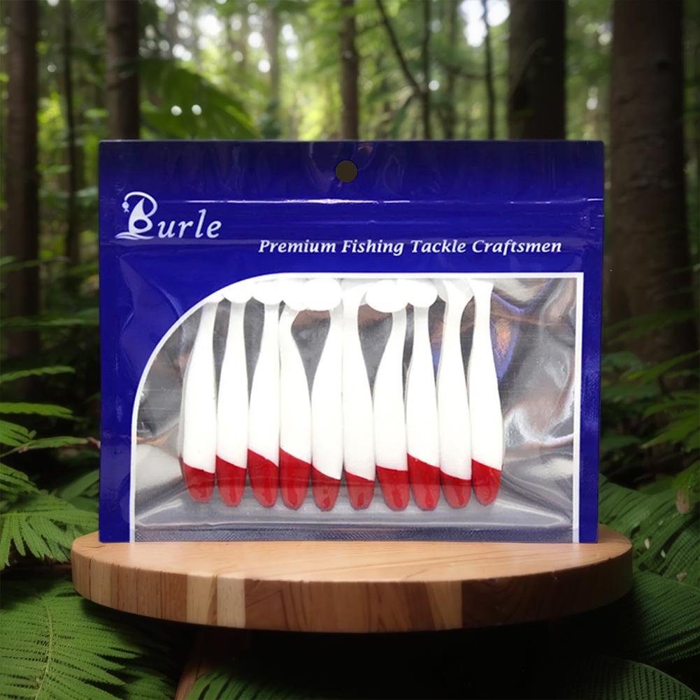 10Pcs Simulation Paddle Tail Bait 5.5/6.3/7cm Artificial Worm Swimbait PVC Red Head White Body T Tail Bait Fishing Accessories