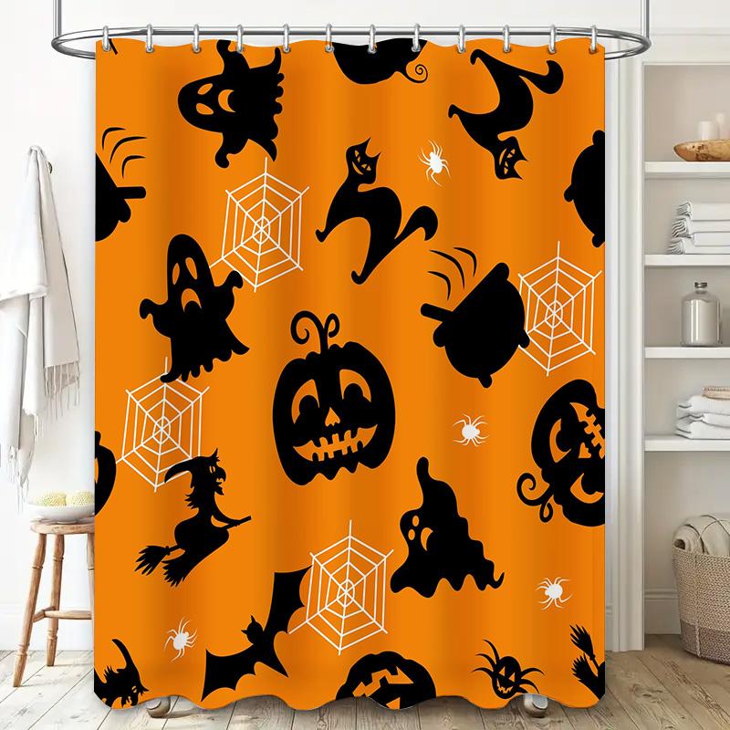 Halloween-Duschvorhang mit gruseligen Motiven für Badezimmerdekor, orange-schwarzes Farbschema, Hexe Fledermäuse Geister Kürbisse Pat