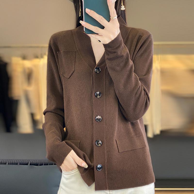 Spring and Autumn with Pockets Knitted Cardigan Women's Jacket Solid Color Loose Thin Outwear Top Long-sleeved Knitwear