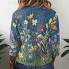 Women Vintage Floral Print Henley Button Neck Three Quarter Sleeve Linen Cotton Blouse Casual Loose Fit Shirt