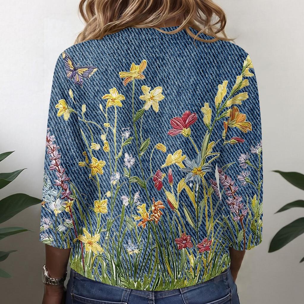 Women Vintage Floral Print Henley Button Neck Three Quarter Sleeve Linen Cotton Blouse Casual Loose Fit Shirt